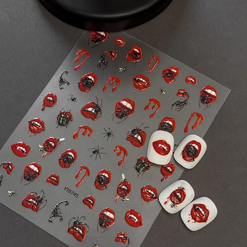 Gothic Halloween Embossed 3D Nail Art Stickers Vampire Red Lips Fangs Blood Drops Spiders Scorpions For Women DIY Manicure