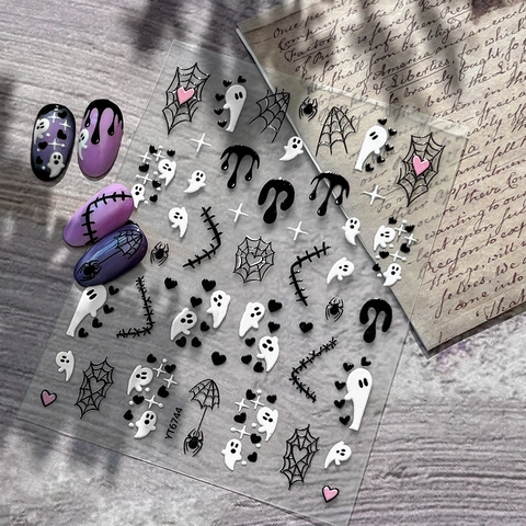 3D Embossed Halloween Nail Stickers Ghost Spider Web Bat Gothic Dark Style Adhesive Nail Art Decals For Women Manicure