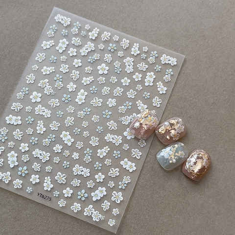 3D Relief Flower Nail Stickers White Blue Floral Self Adhesive Decals For Manicure DIY Nail Art Decoration Women Accessories