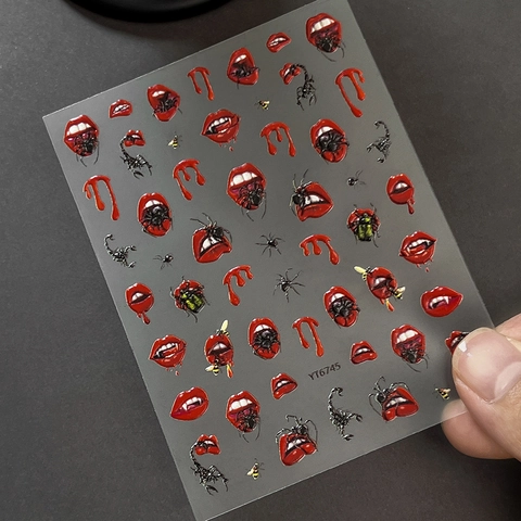 Gothic Halloween Embossed 3D Nail Art Stickers Vampire Red Lips Fangs Blood Drops Spiders Scorpions For Women DIY Manicure