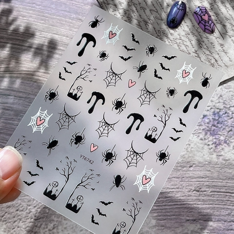 3D Embossed Halloween Nail Stickers Ghost Spider Web Bat Gothic Dark Style Adhesive Nail Art Decals For Women Manicure