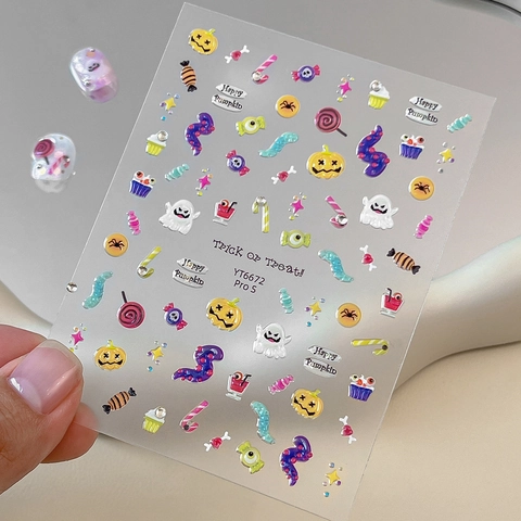 Halloween 3D Embossed Nail Art Stickers Cartoon Pumpkin Ghost Candy Pattern Waterproof Plastic DIY Manicure Decals For Women Festive Party Nail Decoration