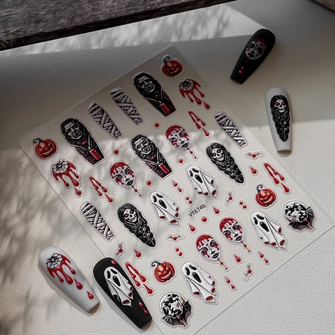 5D Geprägte Halloween Nagelaufkleber Gothisch Geistergesicht Kürbis Totenkopf Bluttropfen Selbstklebende Nail Art Abziehbilder Party Damen
