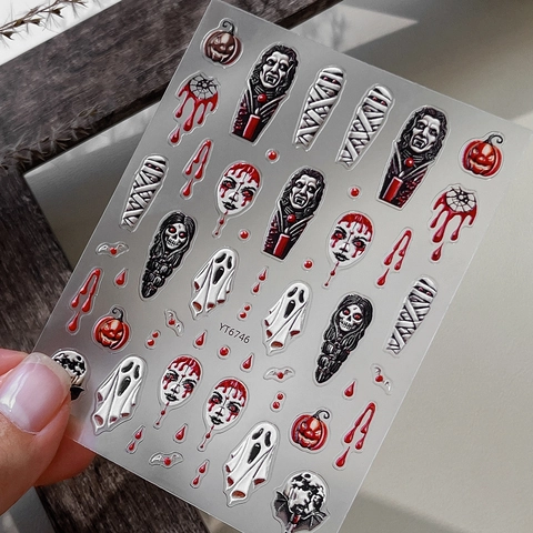 5D Geprägte Halloween Nagelaufkleber Gothisch Geistergesicht Kürbis Totenkopf Bluttropfen Selbstklebende Nail Art Abziehbilder Party Damen