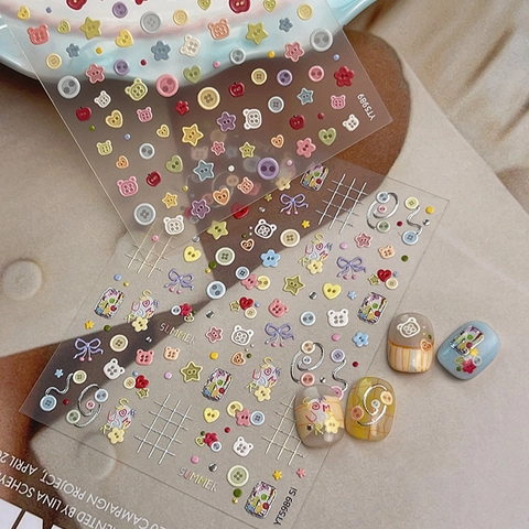 3D Relief Nail Art Stickers Cute Cartoon Bear Button Heart Pattern Macaron Colors DIY Manicure Decoration Decals Women