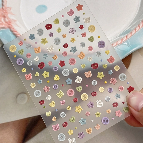 3D Relief Nail Art Stickers Cute Cartoon Bear Button Heart Pattern Macaron Colors DIY Manicure Decoration Decals Women