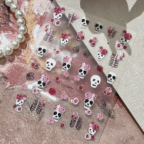 5D Embossed Halloween Nail Stickers Gothic Skull Pink Rose Gold Bronzing Self Adhesive Nail Decals For Manicure Decoration