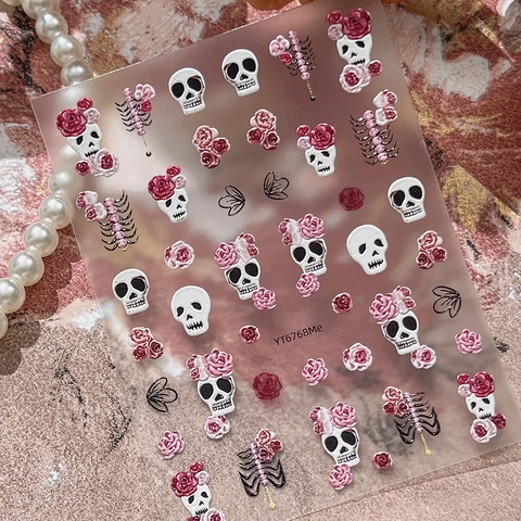 5D Embossed Halloween Nail Stickers Gothic Skull Pink Rose Gold Bronzing Self Adhesive Nail Decals For Manicure Decoration