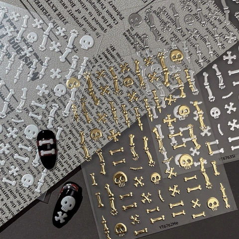 3D Embossed Halloween Nail Art Stickers Skeleton Skull Bone Designs Gothic Punk Self Adhesive Nail Decals Decoration Women