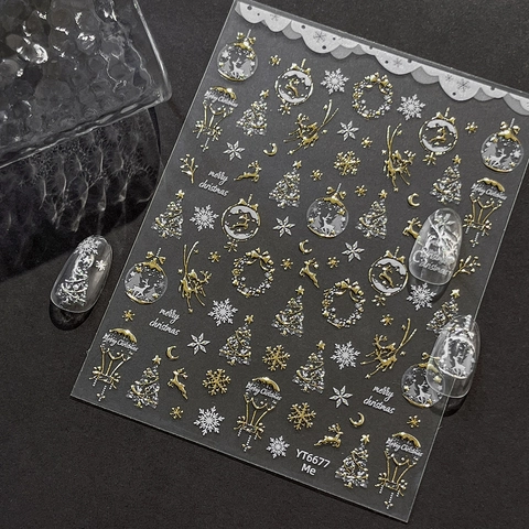 Christmas Nail Stickers Gold Silver Reindeer Snowflake 3D Embossed Self Adhesive Nail Art Decals Holiday Manicure Decoration