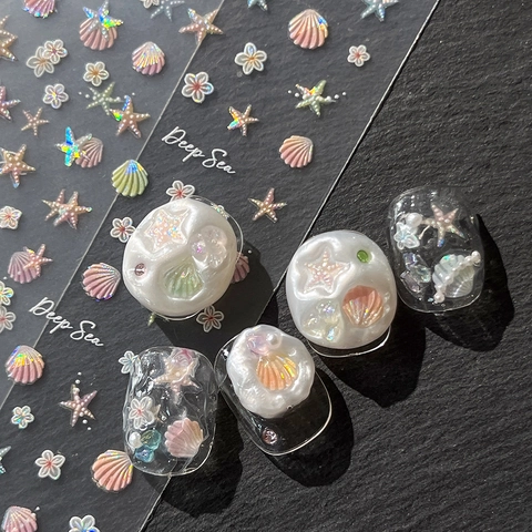 Ocean Theme 3D Relief Nail Art Stickers Iridescent Laser Shell Starfish Pattern Sparkling Nail Decals For Women DIY Decor