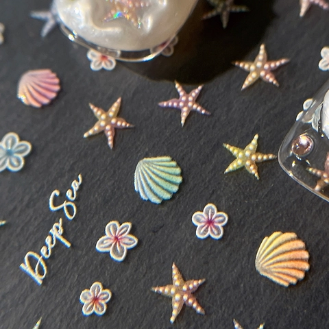 Ocean Theme 3D Relief Nail Art Stickers Iridescent Laser Shell Starfish Pattern Sparkling Nail Decals For Women DIY Decor