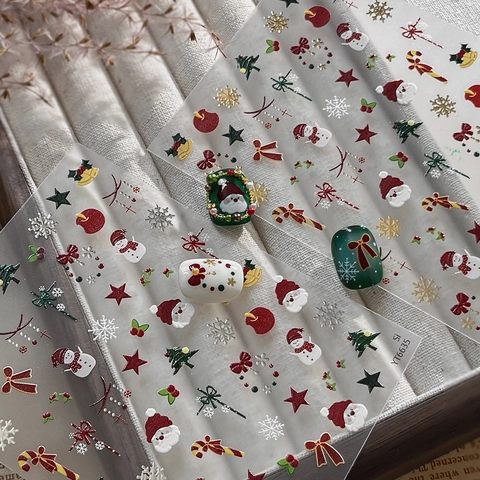 5D Embossed Christmas Nail Stickers Santa Claus Snowman Snowflake Hot Stamping Gold Silver Festive Nail Art Decals For Women