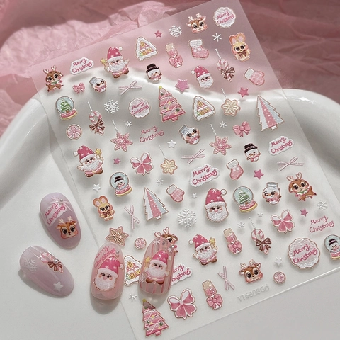 5D Geprägt Weihnachten Nagelkunst-Aufkleber Rosa Cartoon Weihnachtsmann Rentier Schneeflocke DIY Maniküre Dekoration Für Damen