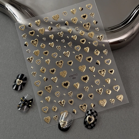 3D Metallic Heart Nail Stickers Gold Silver Heart Checkerboard Relief Nail Art Decals For Women DIY Manicure Decorations