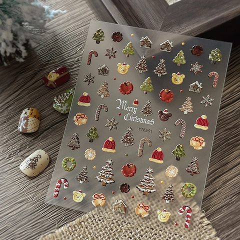 3D Embossed Christmas Nail Stickers Merry Christmas Tree Snowflakes Gingerbread House Adhesive Nail Art Decals For Women YT6551