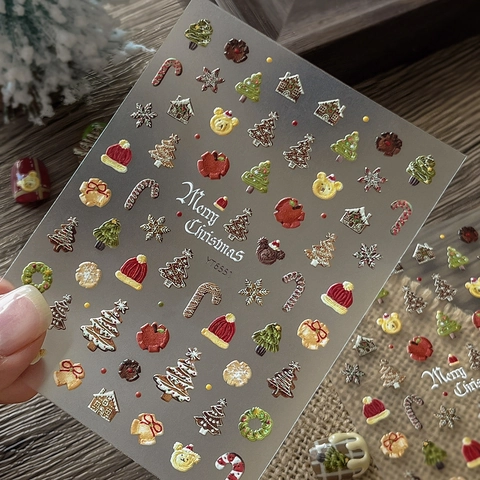 3D Embossed Christmas Nail Stickers Merry Christmas Tree Snowflakes Gingerbread House Adhesive Nail Art Decals For Women YT6551