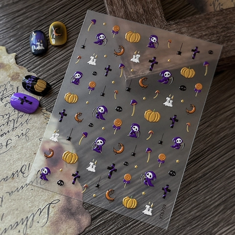 Halloween 3D Embossed Nail Stickers YT6759 Grim Reaper Pumpkin Cross Pattern Dark Gothic Style Nail Art Decoration For Women