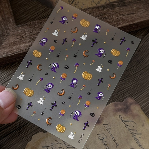 Halloween 3D Embossed Nail Stickers YT6759 Grim Reaper Pumpkin Cross Pattern Dark Gothic Style Nail Art Decoration For Women