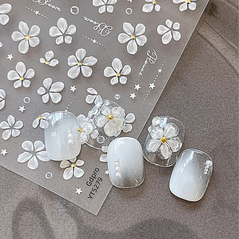 3D Relief Floral Nagelaufkleber Muschelglanz Gelee Weiße Blume Goldener Punkt Geprägte Nagelabziehbilder Für Damen Maniküre Dekoration