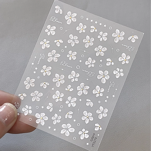 3D Relief Floral Nagelaufkleber Muschelglanz Gelee Weiße Blume Goldener Punkt Geprägte Nagelabziehbilder Für Damen Maniküre Dekoration