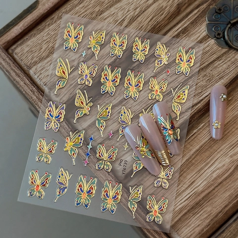 Vintage Luxury Laser Butterfly Nail Art Stickers 3D Embossed Bronzing Silver Gold Butterfly Decals For DIY Manicure Decor