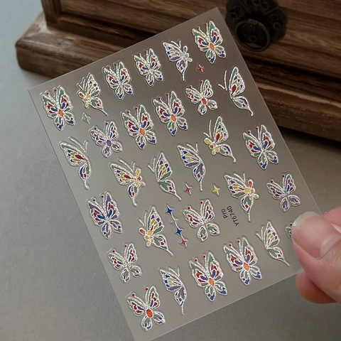 Vintage Luxury Laser Butterfly Nail Art Stickers 3D Embossed Bronzing Silver Gold Butterfly Decals For DIY Manicure Decor