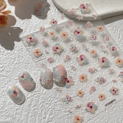 5D Embossed Flower Nail Stickers Macaron Color Stereoscopic Floral Butterfly Self Adhesive Nail Art Decals For Women