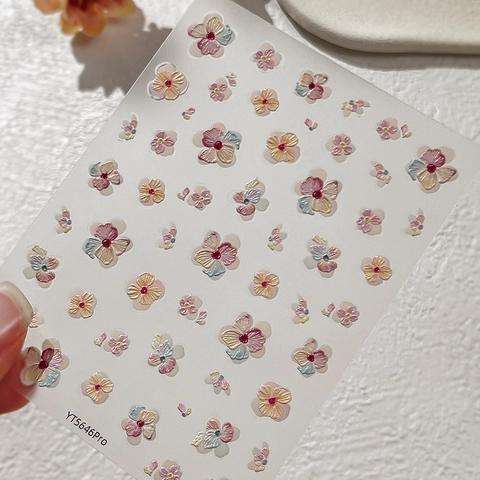 5D Embossed Flower Nail Stickers Macaron Color Stereoscopic Floral Butterfly Self Adhesive Nail Art Decals For Women