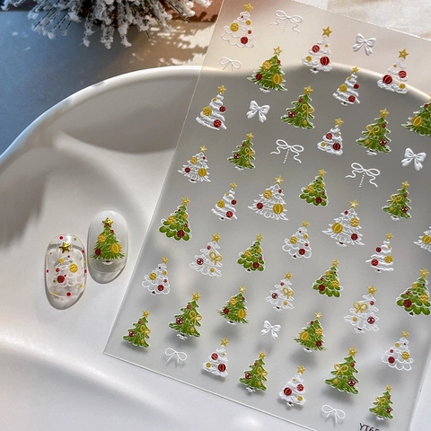 Christmas Relief Nail Stickers 5D Stereoscopic Embossed Christmas Tree Bowknot Snowflake Nail Decals For Women Holiday Decoration