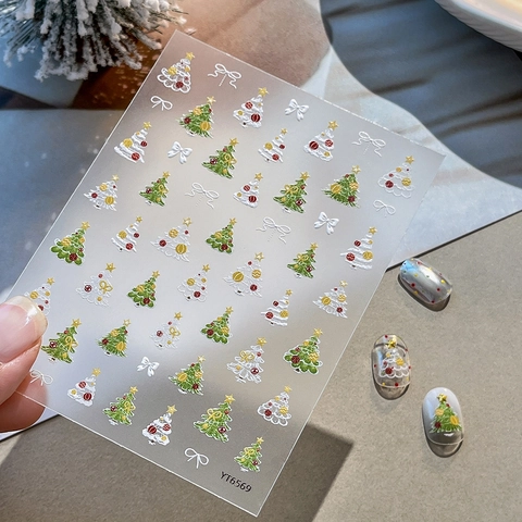 Christmas Relief Nail Stickers 5D Stereoscopic Embossed Christmas Tree Bowknot Snowflake Nail Decals For Women Holiday Decoration