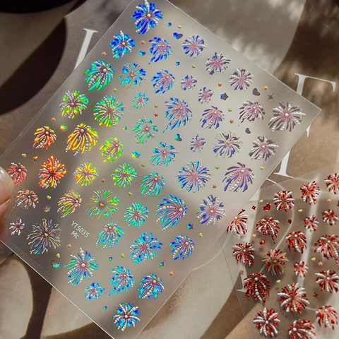 3D Fireworks Nail Art Stickers Holographic Laser Gold Silver Embossed Nail Decals Self Adhesive Firework Patterns For Women DIY Decoration