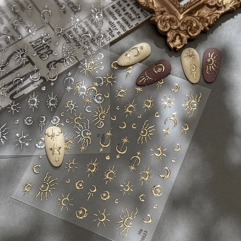 Retro 3D Embossed Gold Silver Nail Art Stickers Astrology Sun Moon Star Pattern Metallic Bronzing Manicure Decoration For Women