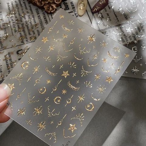 Retro 3D Embossed Gold Silver Nail Art Stickers Astrology Sun Moon Star Pattern Metallic Bronzing Manicure Decoration For Women