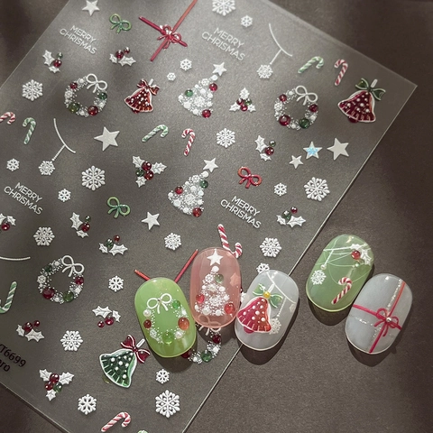 Adesivi per Unghie di Natale Goffrati 5D Rosso Verde Bianco Campana Fiocco di Neve Albero Corona Design Decorazione Festiva
