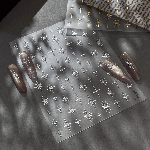 Pegatinas Metálicas 3D para Uñas Patrón Estrella Vintage Estampado en Caliente Adhesivo Nail Art Decor Mujer Joyería