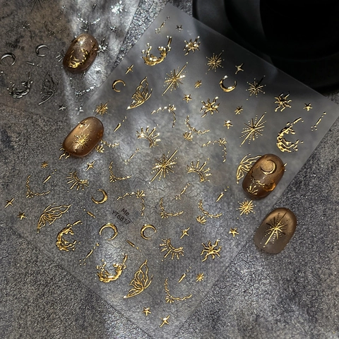 Vintage Celestial 3D Metallic Foil Nail Art Stickers Star Moon Butterfly Gilded Embossed Adhesive Nail Decals For Women