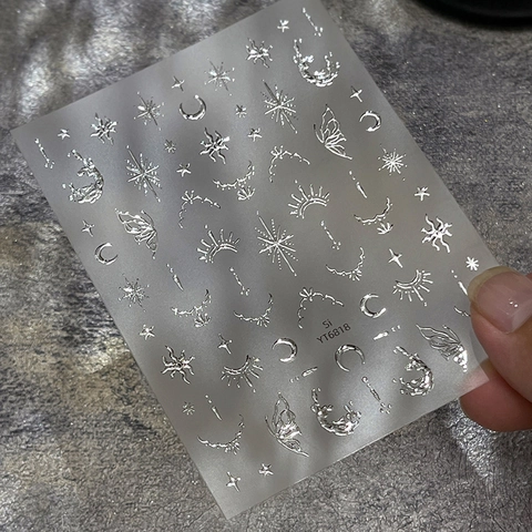 Vintage Celestial 3D Metallic Foil Nail Art Stickers Star Moon Butterfly Gilded Embossed Adhesive Nail Decals For Women