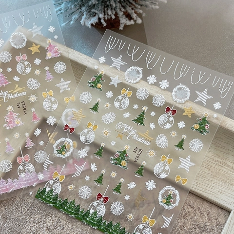 Autocollants à Ongles de Noël Gaufrés 5D Sapin de Noël Doré Flocons de Neige Noeuds Doux Décoration Manucure DIY Noël