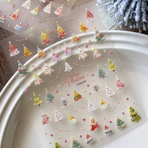 Christmas 5D Embossed Nail Art Stickers Colorful Christmas Tree Bunting Design Self Adhesive Nail Decals For Women Holiday DIY