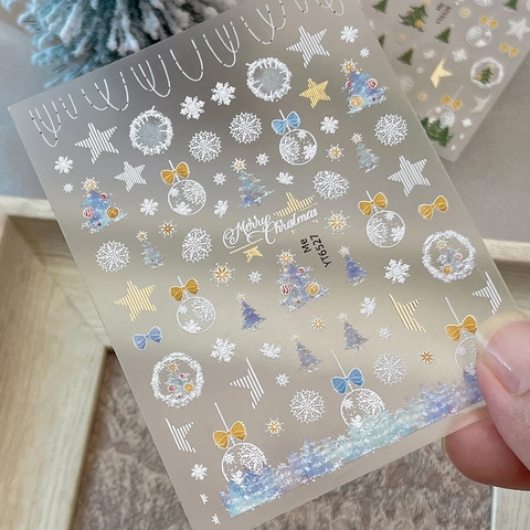 Autocollants à Ongles de Noël Gaufrés 5D Sapin de Noël Doré Flocons de Neige Noeuds Doux Décoration Manucure DIY Noël