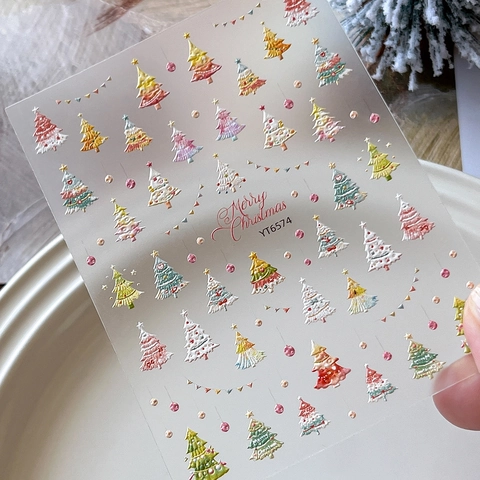 Christmas 5D Embossed Nail Art Stickers Colorful Christmas Tree Bunting Design Self Adhesive Nail Decals For Women Holiday DIY