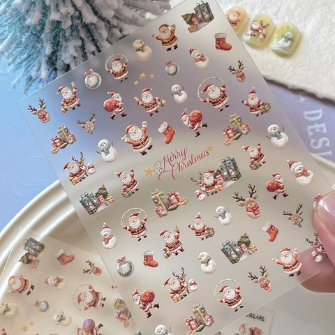 Christmas Nail Art Stickers Embossed Shell Luster Santa Claus Snowman Patterns 3D Decorative Decals For Holiday Party Women