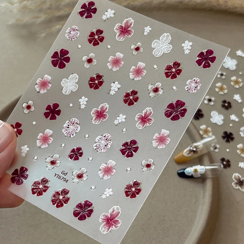 Yitu Zoete 5D Gepoetst Bloem Nagelstickers Vintage Bloemen Zelfklevend Nagel Decals Voor Vrouwen DIY Manicure Decoratie
