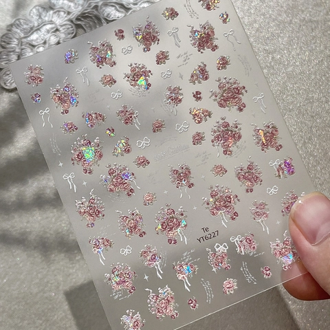 Rose Garden 3D Reliëf Nagelstickers Schelpglans Vintage Roze Roos Bloem Strik Kant Laser Holografische Nagels DIY