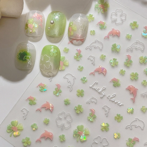 Süße Cartoon Glücksklee Delfin Nagelaufkleber Aurora Holografisch Gelee Muschelglanz Selbstklebende Nagelsticker Maniküre Dekoration Für Damen