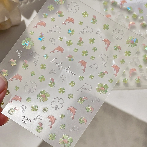 Süße Cartoon Glücksklee Delfin Nagelaufkleber Aurora Holografisch Gelee Muschelglanz Selbstklebende Nagelsticker Maniküre Dekoration Für Damen
