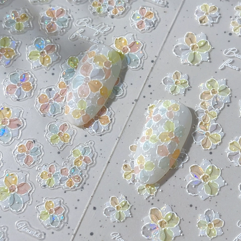 5D Geprägt Floral Nagelaufkleber Muschelglanz Holografisch Irisierend Blume Nagel Decals Für Damen Maniküre Dekoration