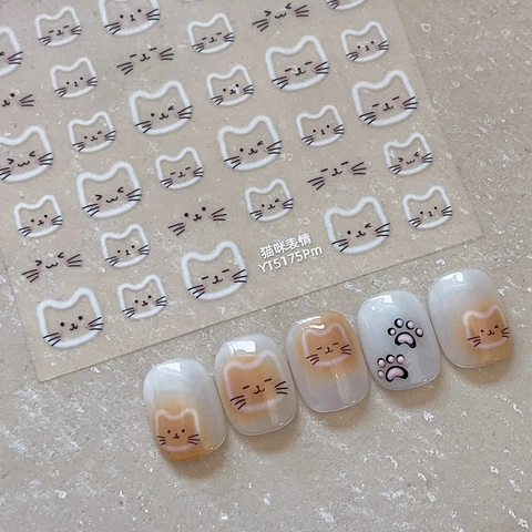 Simpatici Adesivi per Unghie con Espressione di Gatto Cartone Animato Decalcomanie Trasparenti per Manicure Fai Da Te YT5175