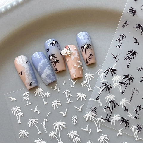 Summer Beach Palm Tree 3D Relief Nail Stickers For Women Tropical Vacation Style Embossed Self Adhesive Nail Art Decals
